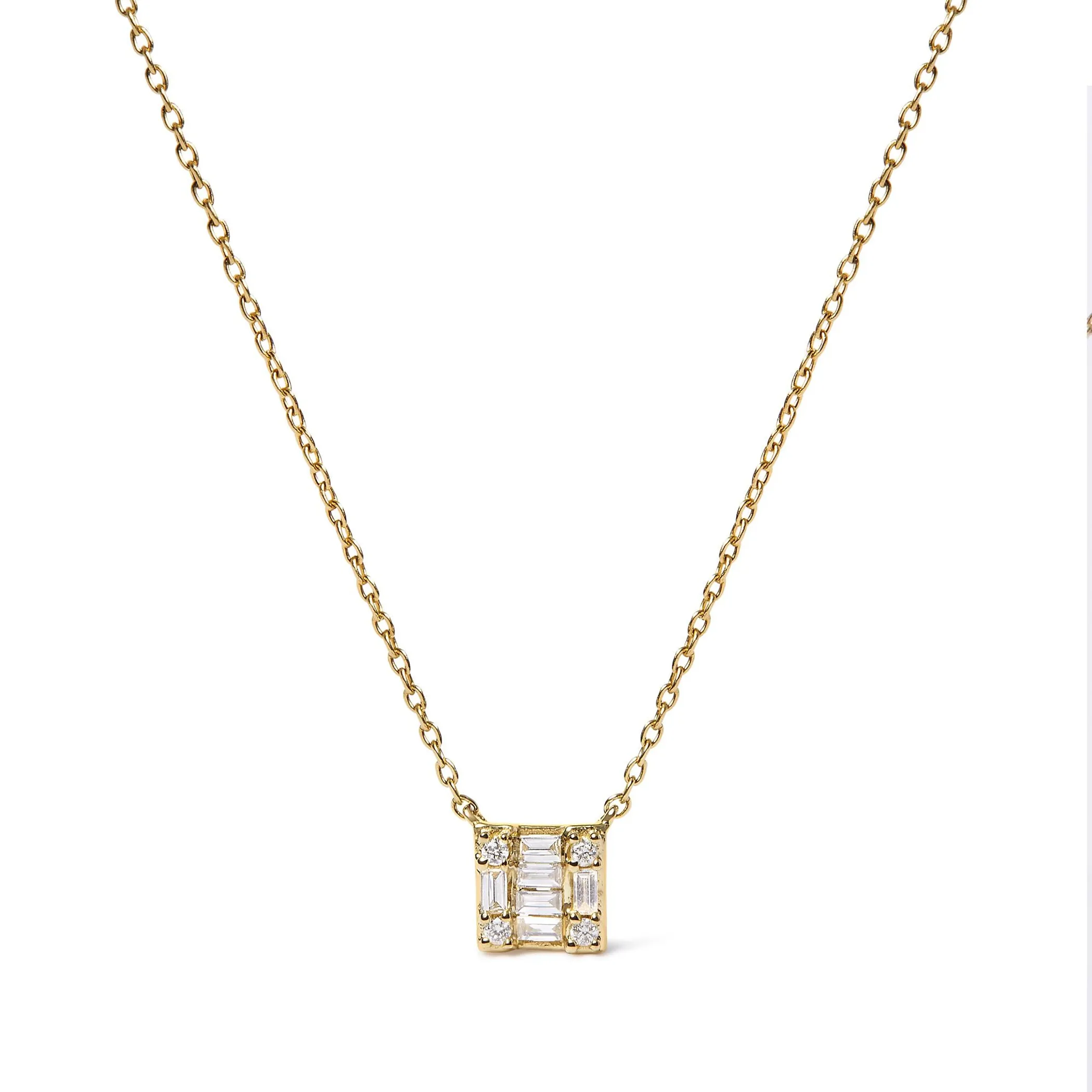 10K Yellow Gold 1/10 Cttw Round and Baguette Diamond Mosaic Composite Square 18" Inch Pendant Necklace (H-I Color, I1-I2 Clarity)