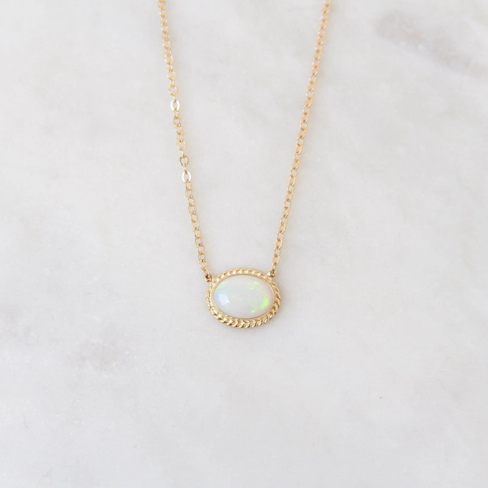 14k Gold East West Bezel Set Opal Necklace