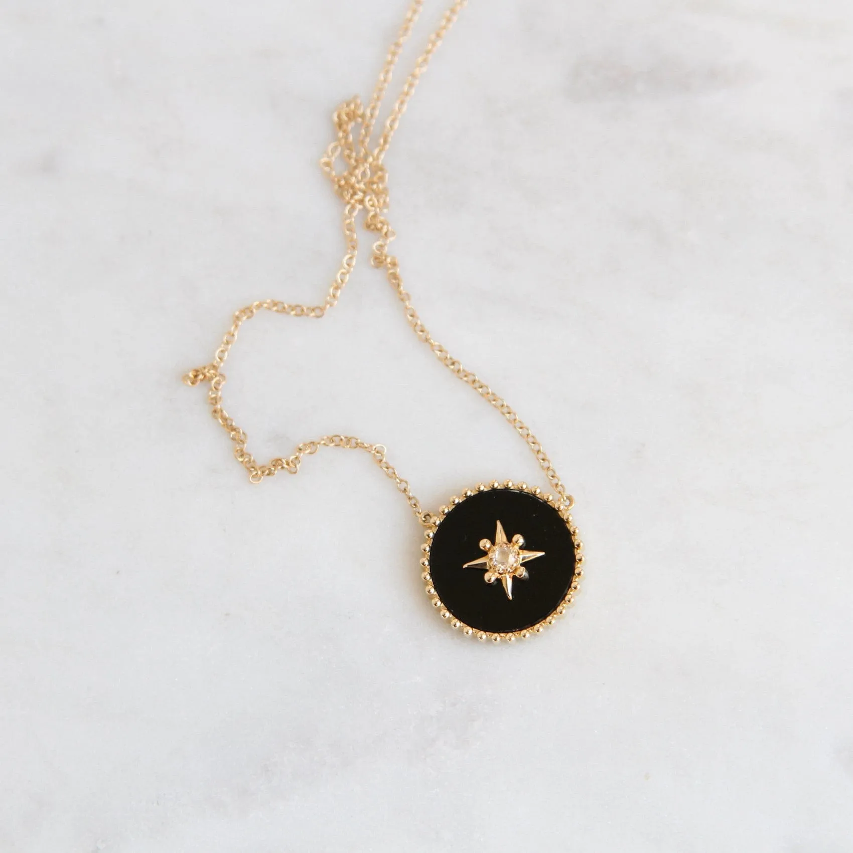 14k Yellow Gold Black Onyx Disc with Gold Star & Diamond Center