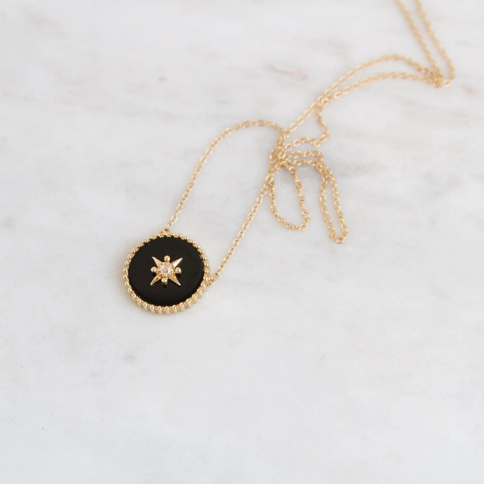 14k Yellow Gold Black Onyx Disc with Gold Star & Diamond Center