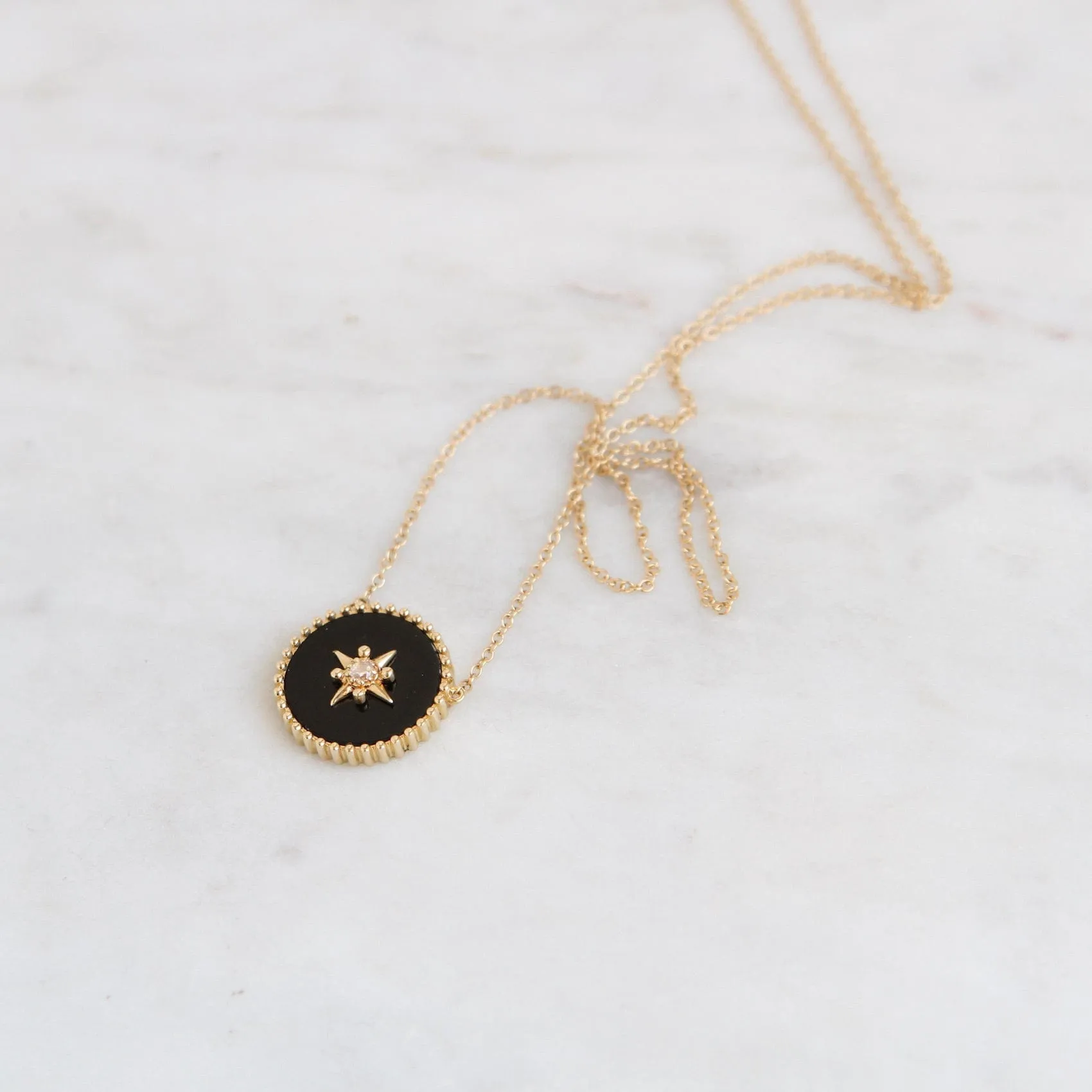 14k Yellow Gold Black Onyx Disc with Gold Star & Diamond Center