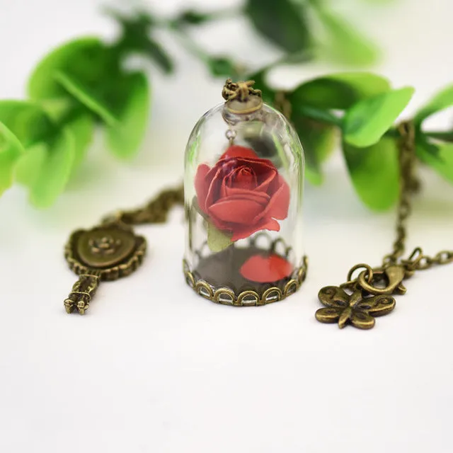 2017 Beauty Retro Glass Vial Necklace Butterfly whish Accessories Necklace Red Rose Dried Flower Jewelry for Women Girls