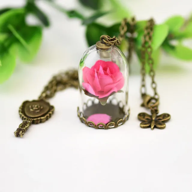 2017 Beauty Retro Glass Vial Necklace Butterfly whish Accessories Necklace Red Rose Dried Flower Jewelry for Women Girls