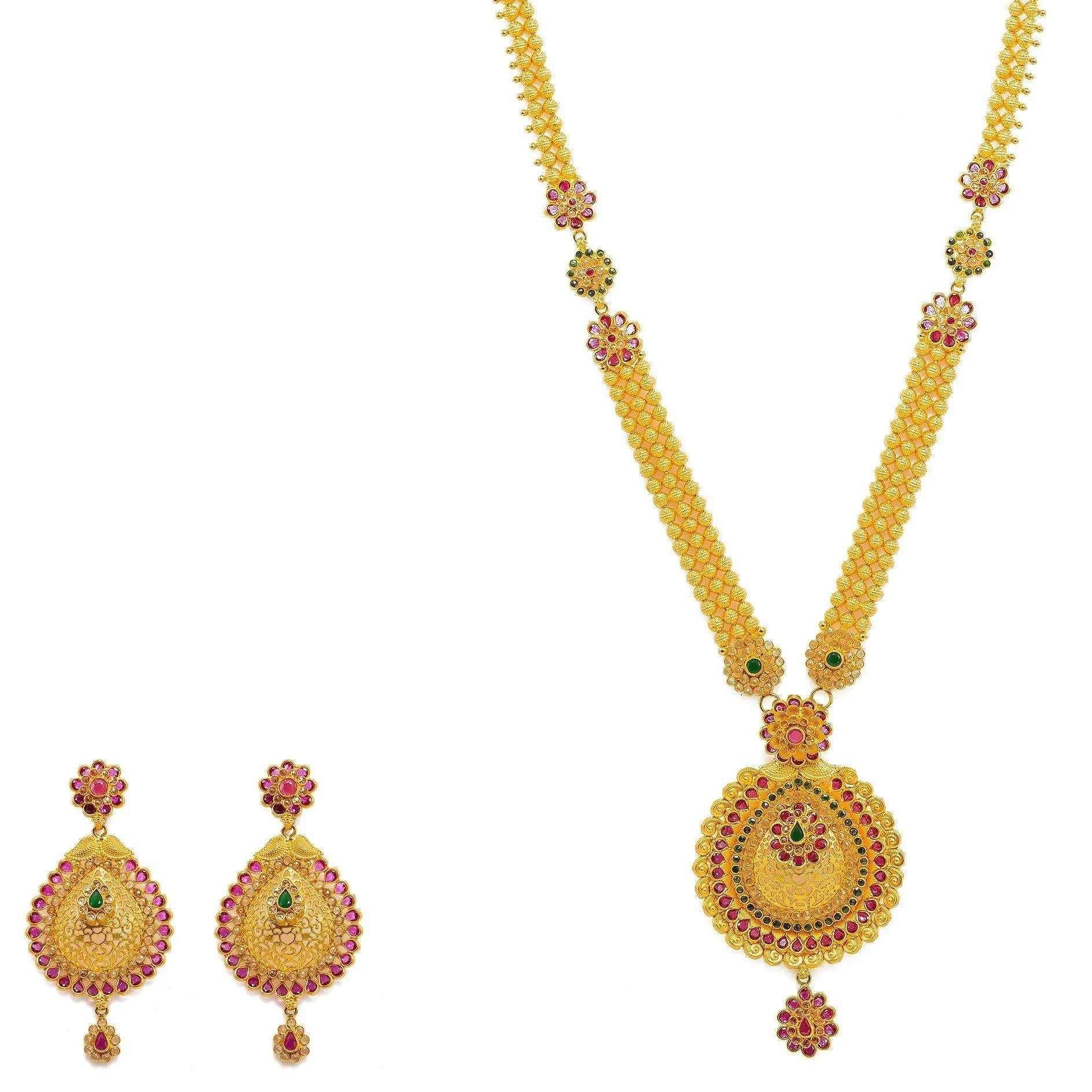 22K Yellow Gold Necklace And Earrings Set W/ Rubies, Emeralds, CZ Gems, Flower Charms & Pear Pendants