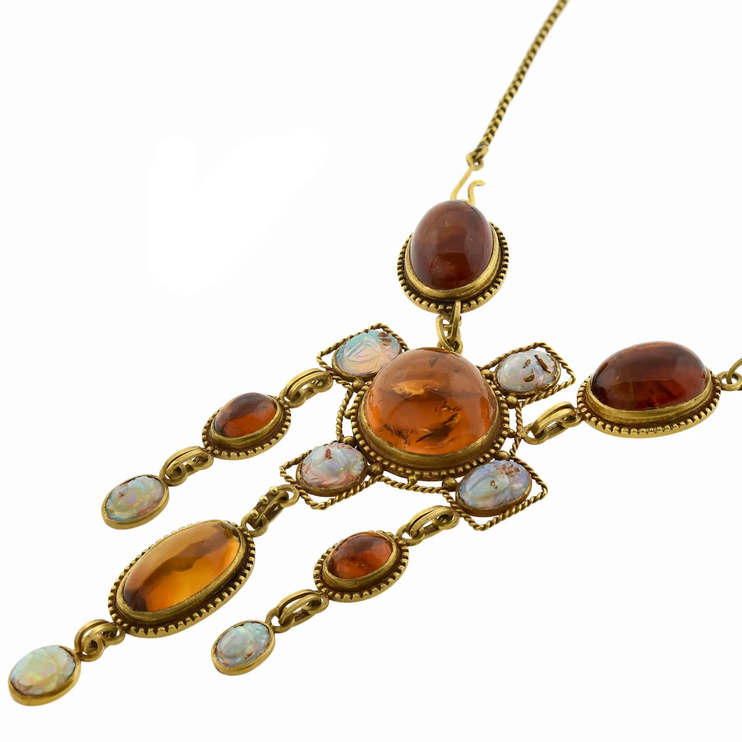 Art Nouveau Egyptian Revival 14kt Amber   Carved Opal Scarab Necklace