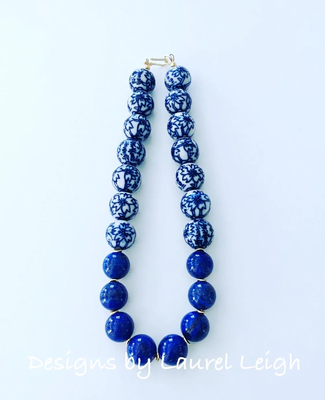 Blue & White Chinoiserie Lapis Gemstone Necklace