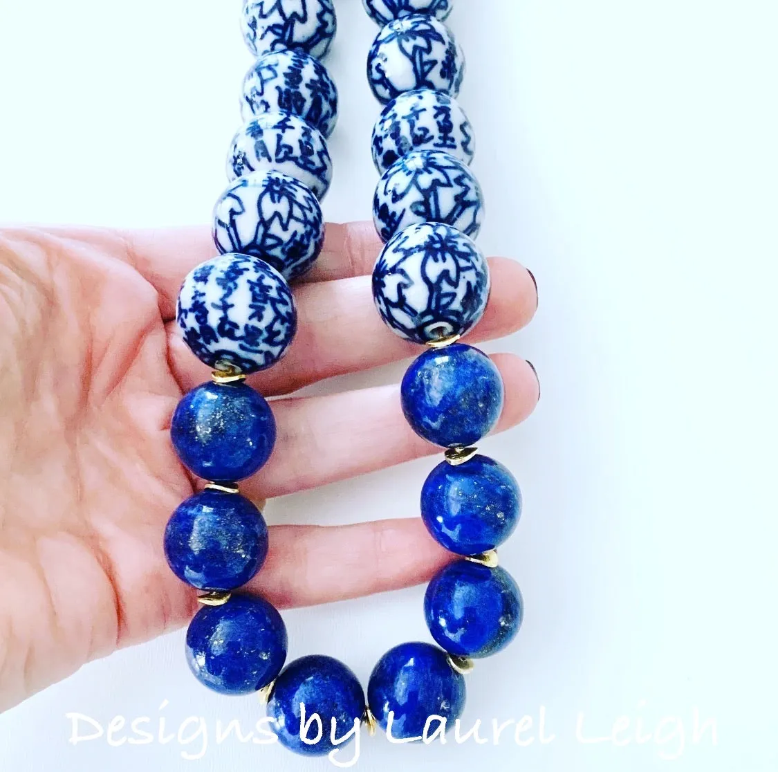 Blue & White Chinoiserie Lapis Gemstone Necklace