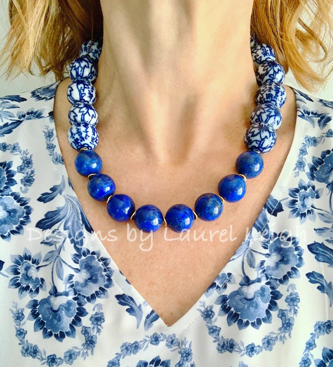 Blue & White Chinoiserie Lapis Gemstone Necklace