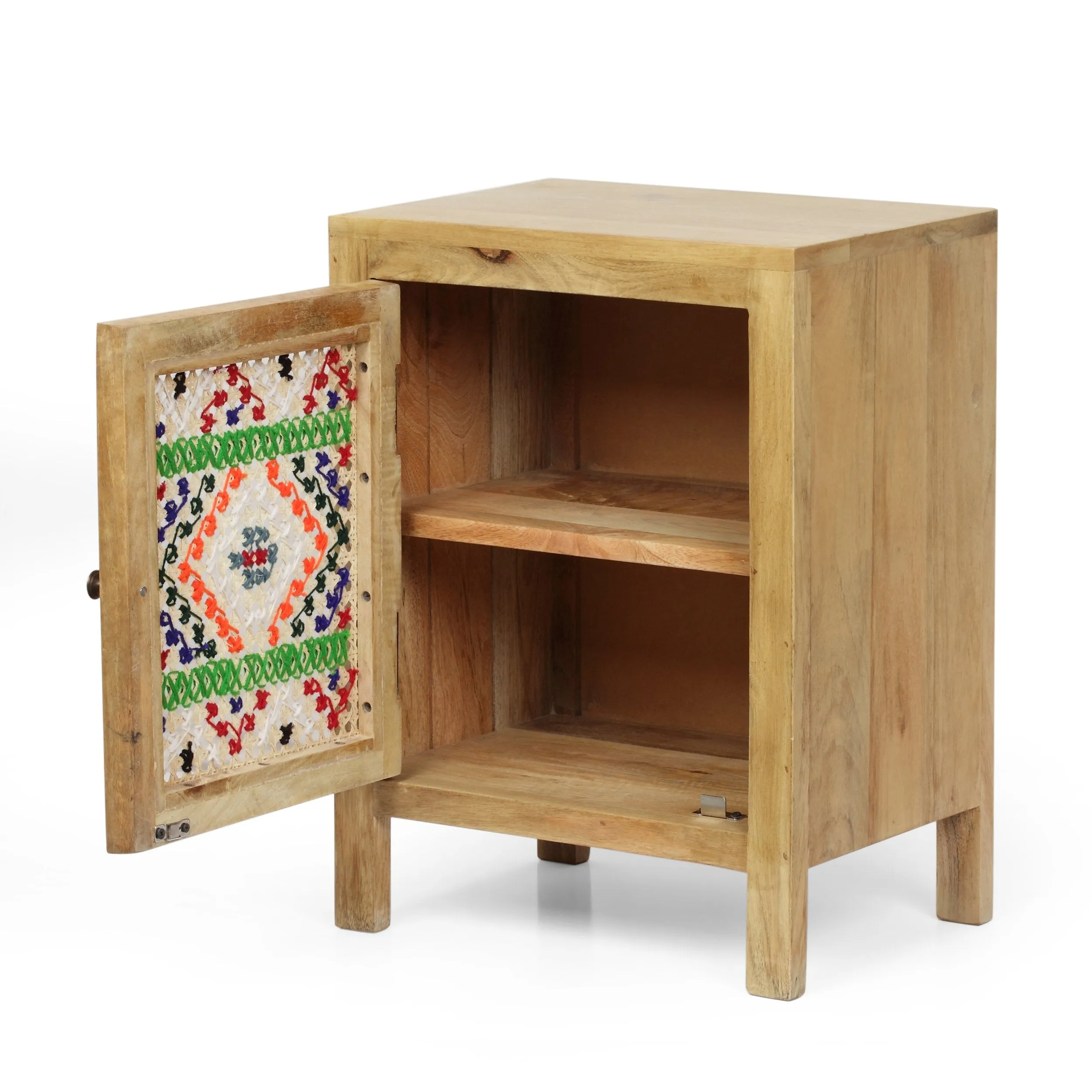 Boho Handcrafted Mango Wood Nightstand with Wool Accents, Natural and Multi-Colored - NH269413