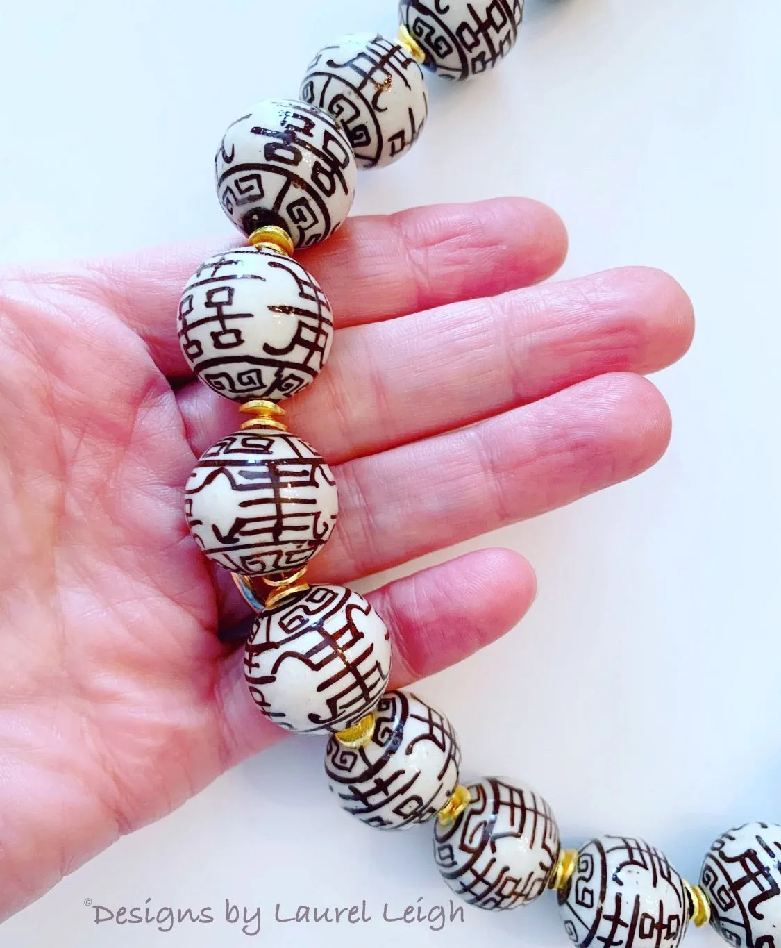 Brown & White Chinoiserie Double Happiness Necklace