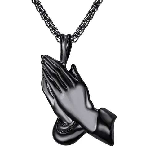 Classy Men Black Praying Hands Pendant Necklace