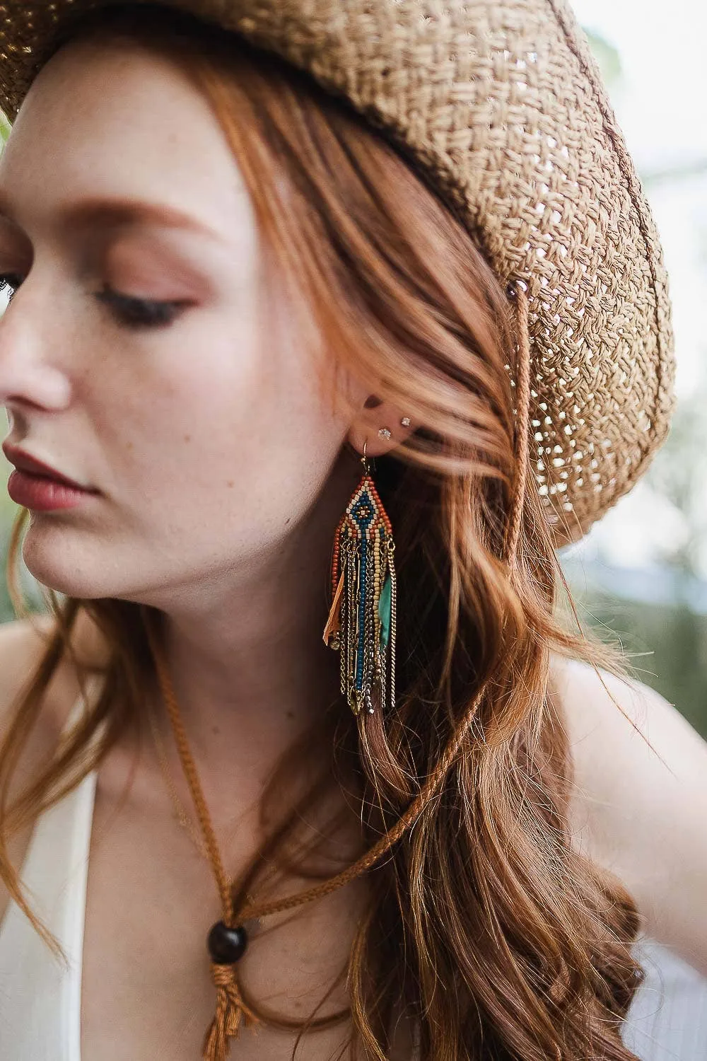 Colorful Bead Feather Chain Boho Earrings