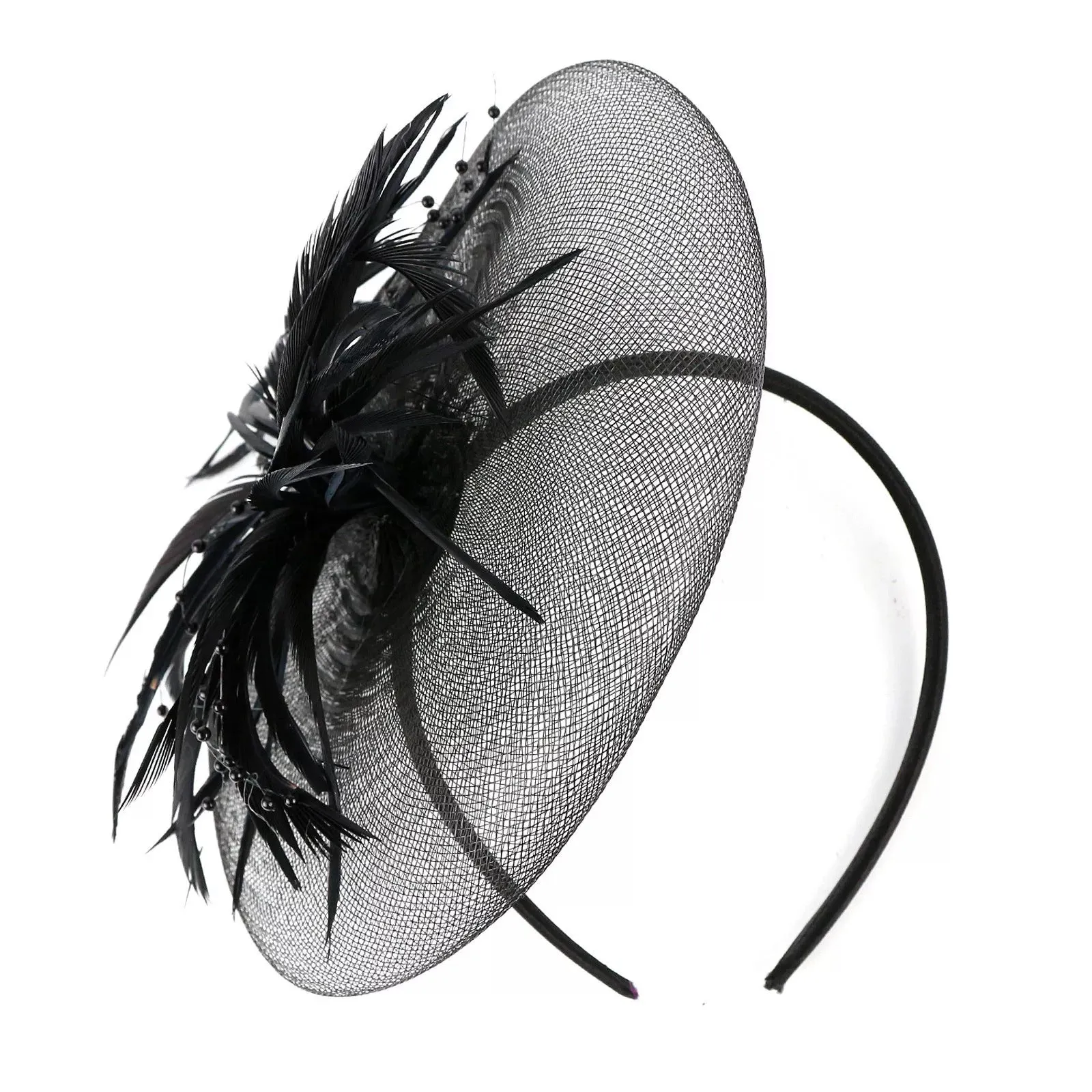 Crinoline and Feather Headband Fascinator - Black