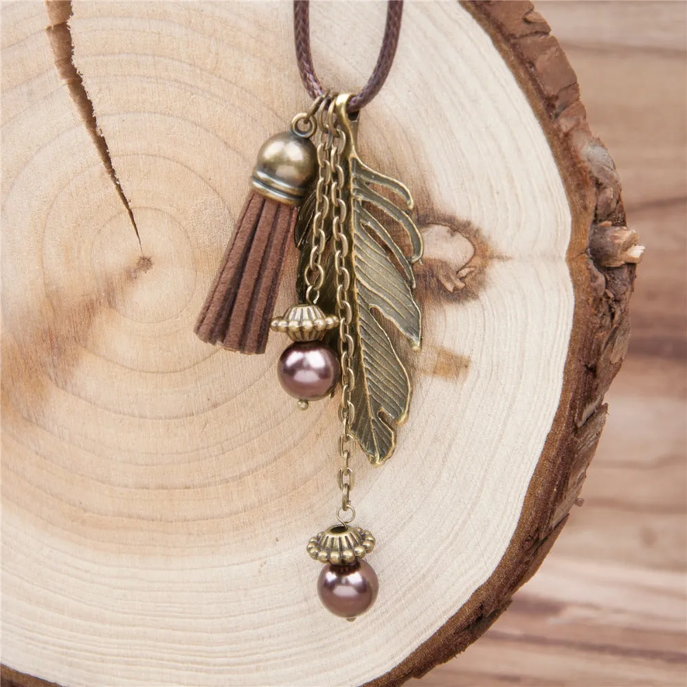 Doreen Box Handmade Fashion Tassel Pendant Necklace Feather PU Necklace Link Chain Bronze 46.5cm long brown 1 Piece for women