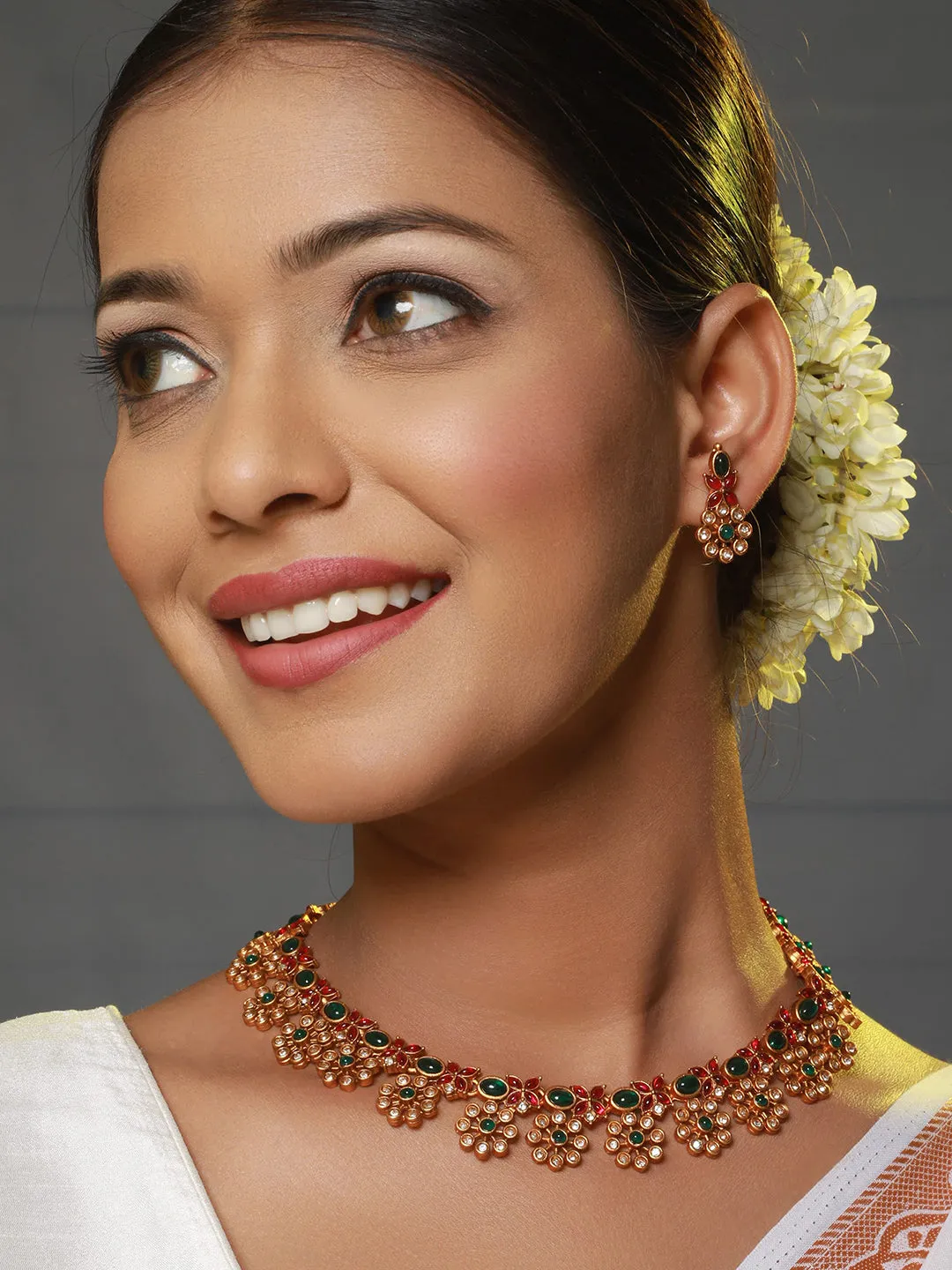 Gold-Plated American Diamond-Studded Brass Necklace & Earrings