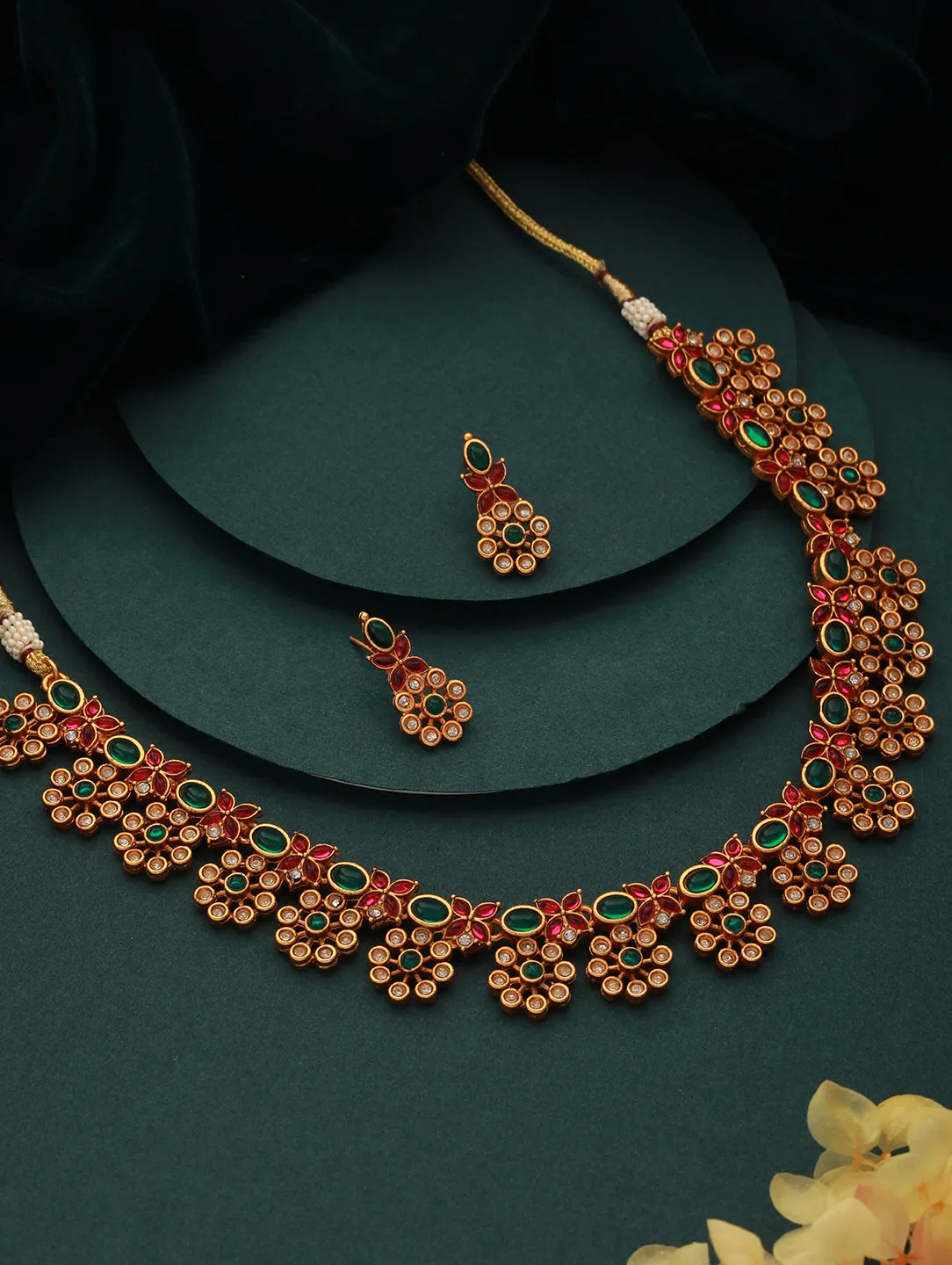 Gold-Plated American Diamond-Studded Brass Necklace & Earrings