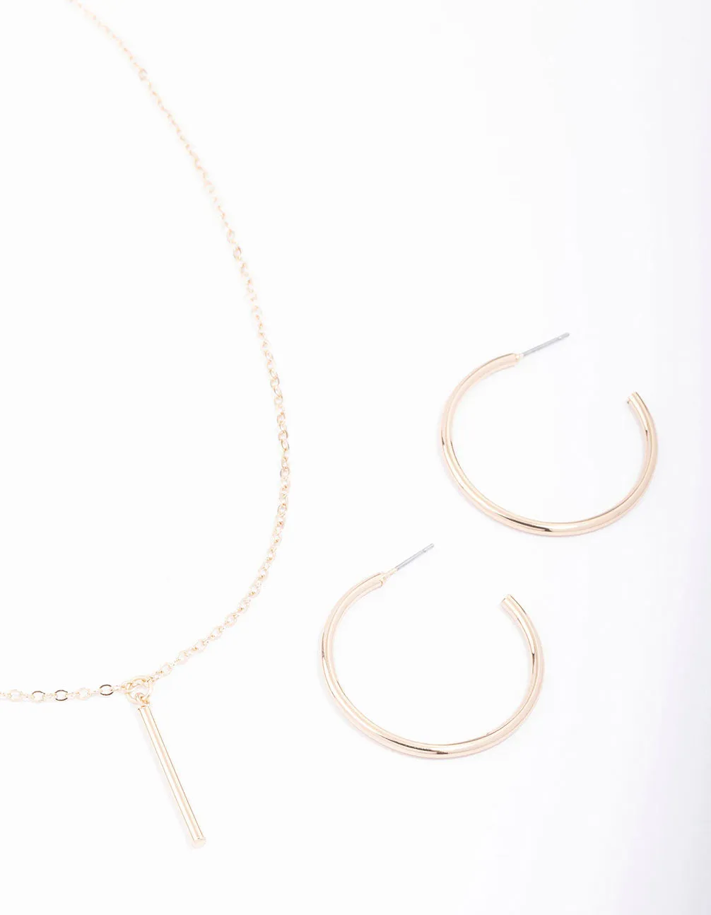 Gold Slim Stick Necklace & Earrings Jewellery Set