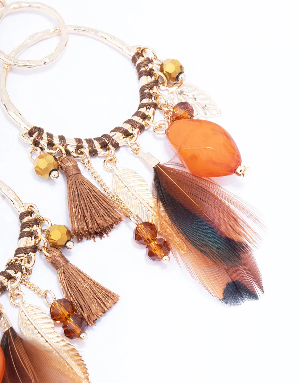 Gold Thread Beaded Feather Drop Earrings