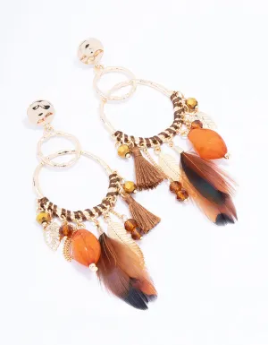 Gold Thread Beaded Feather Drop Earrings