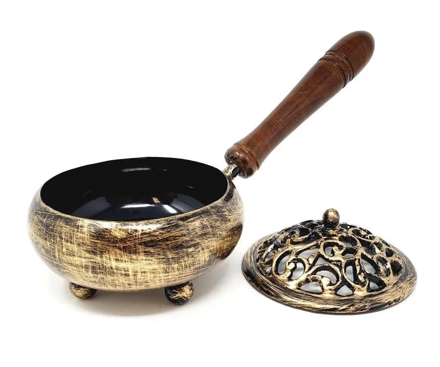 Golden Finish Iron Charcoal Burner with Lid & wood Handle 9"