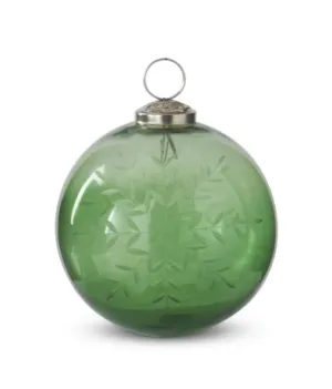 Green Transparent Glass Ornament w/ Etched Snowflake - 3 sizes