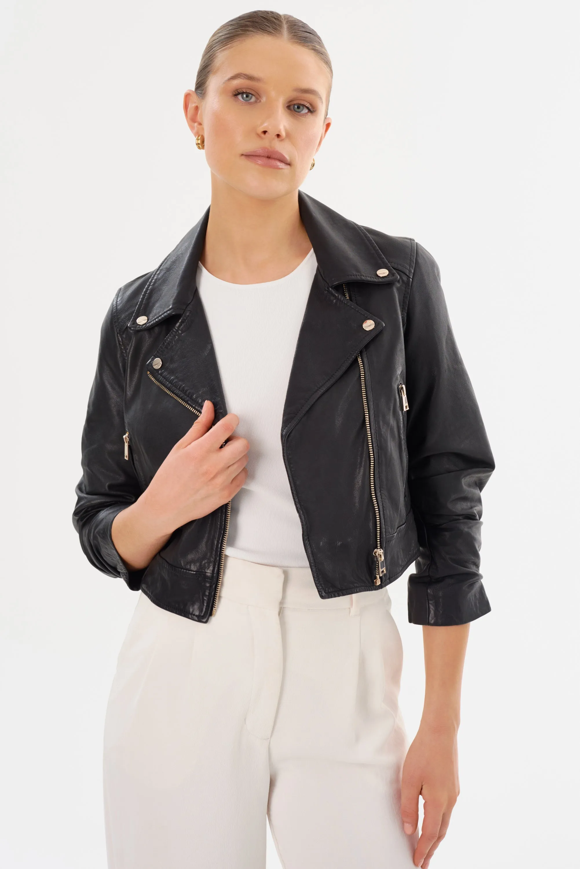 JANIKA | Cropped Leather Biker Jacket