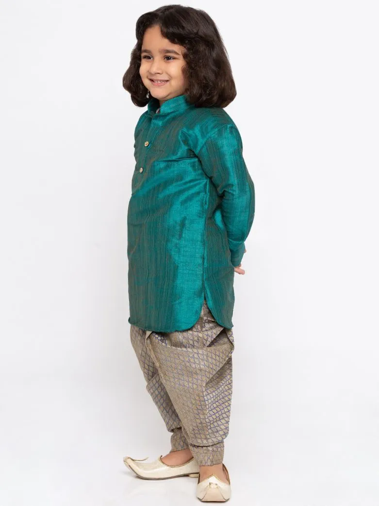 Jashvi Boys' Teal Cotton Silk Kurta and Dhoti Pant Set