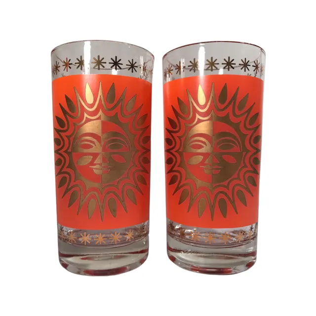 Jeannette Glass Aztec Orange & 22-Karat Gold Sunburst Highball Glasses (Set of 2)