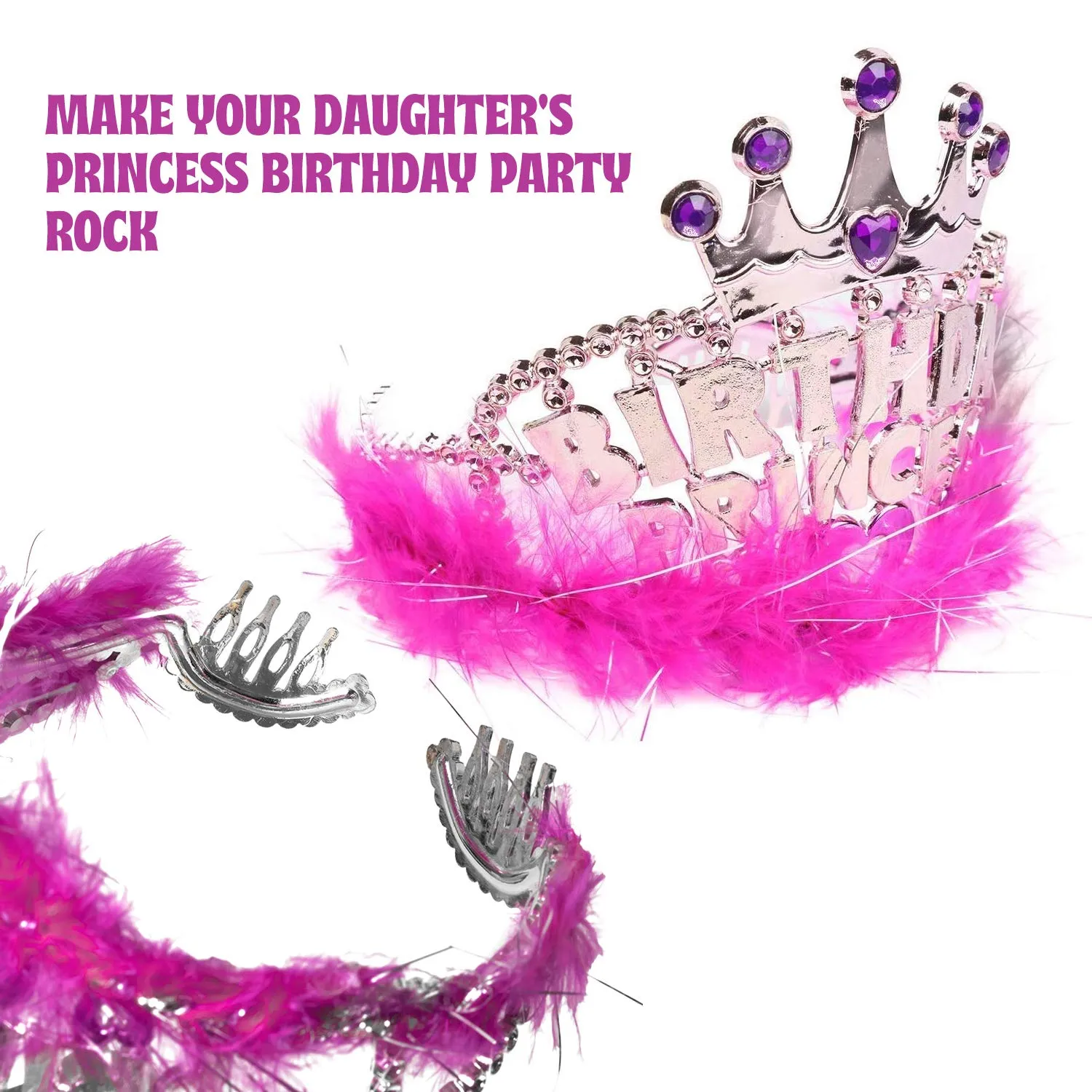 Kicko Birthday Princess Tiaras, 4 X 5 Inches - 6 Pack - Crowns with Pink Feathers