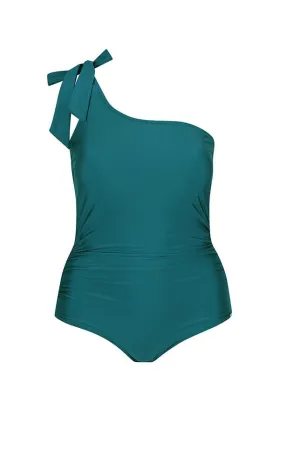 Metallic Deep Teal Tie One Shoulder One Piece