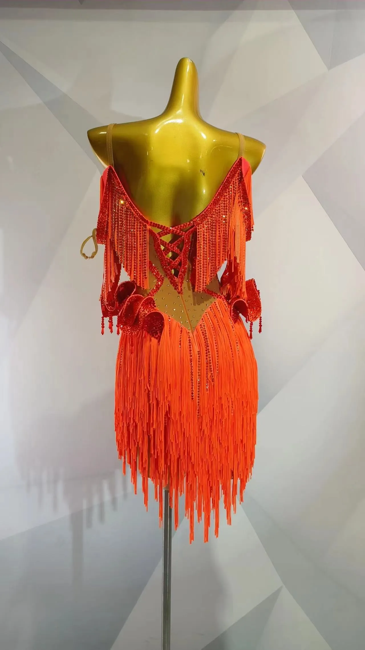 MINEJAS.L011 Vibrant Orange Latin Dance Costume with Fringe and Rhinestone Detailing