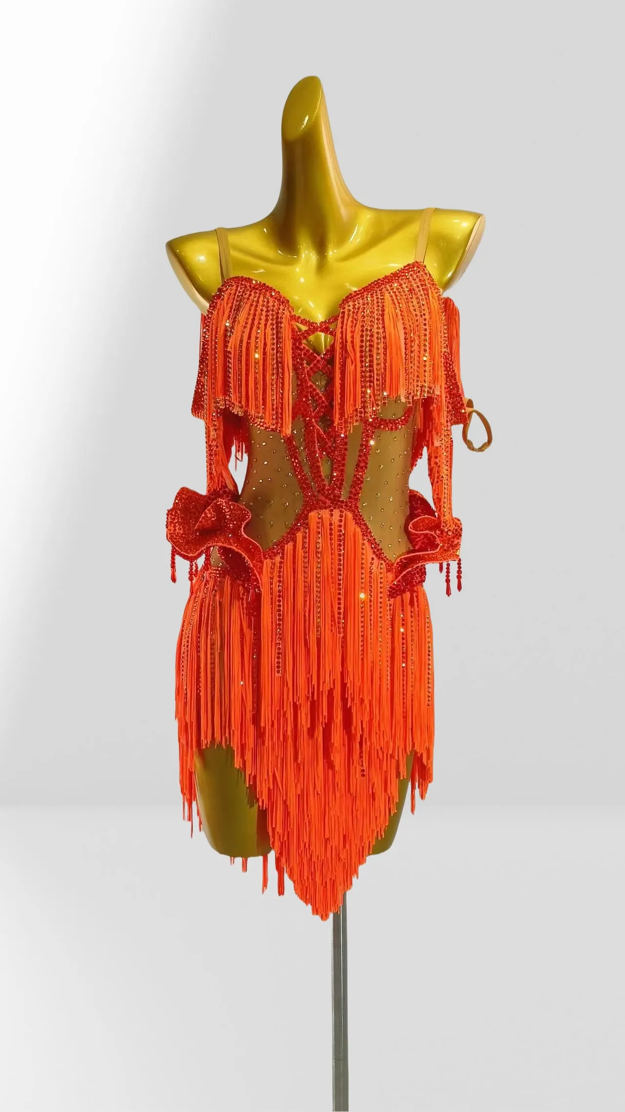 MINEJAS.L011 Vibrant Orange Latin Dance Costume with Fringe and Rhinestone Detailing