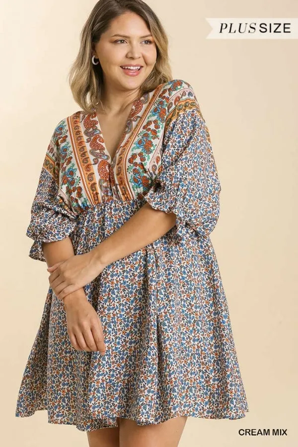 Mixed Print Bohemian Dress, Cream