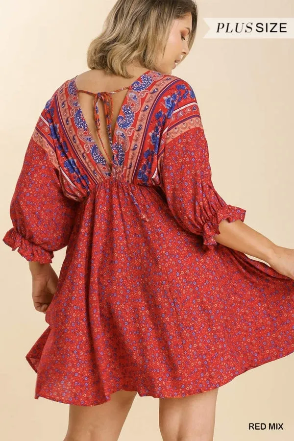 Mixed Print Bohemian Dress, Red