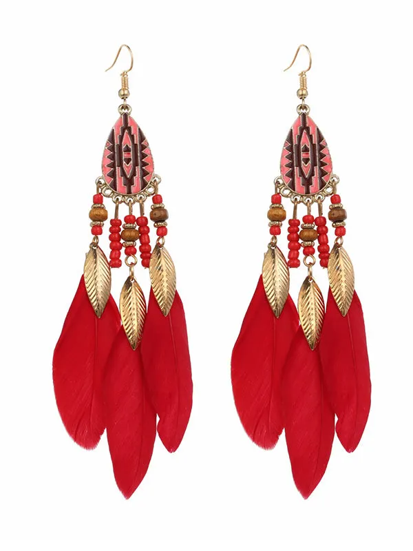 National Original 5 Colors Feather Tassels Beads Chains 6 Colors Earrings