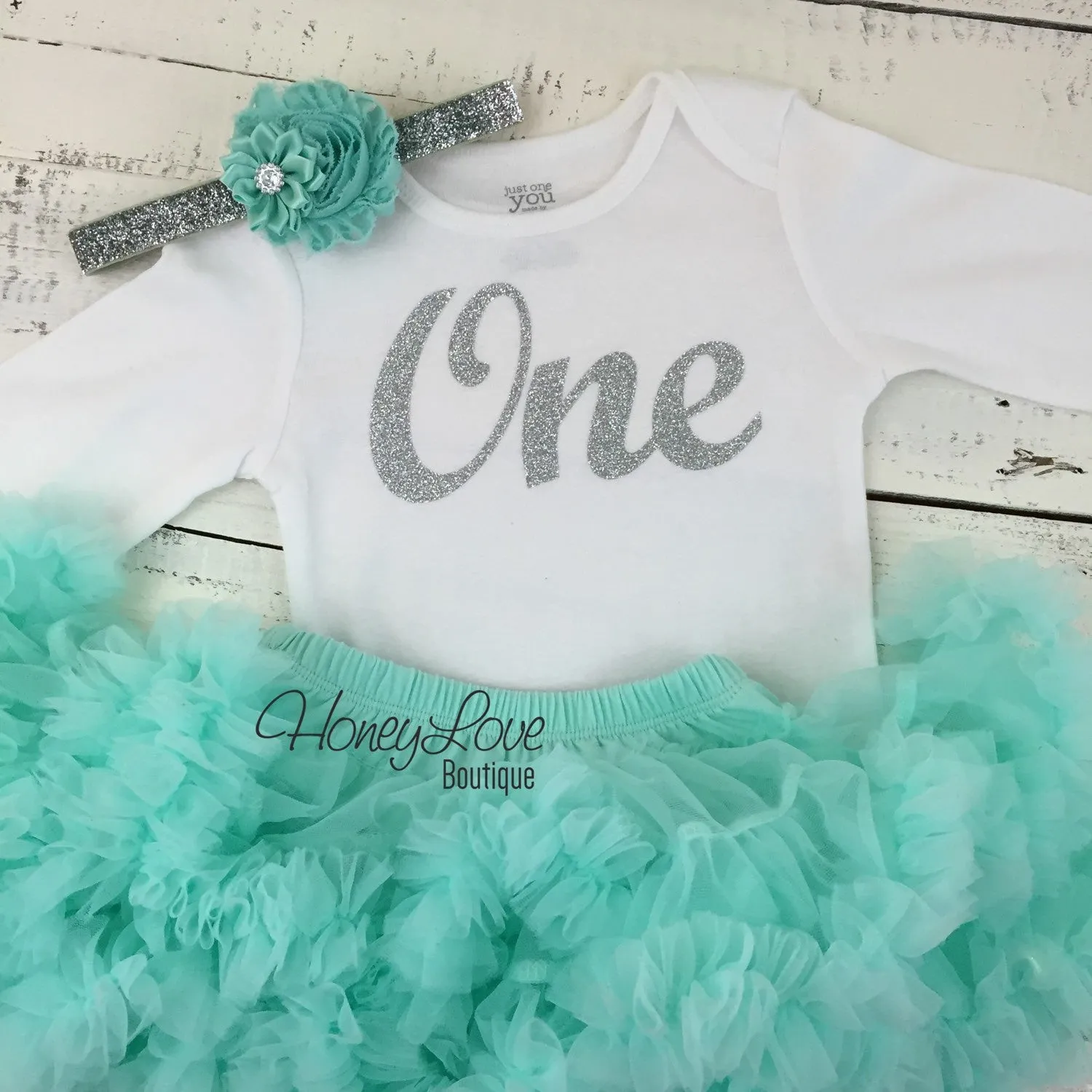 One - Birthday Outfit- silver glitter and mint/aqua