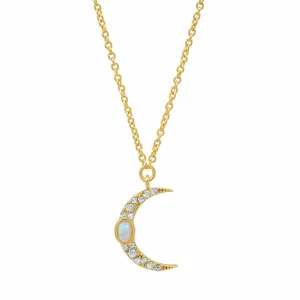 Pave Moon Pendant With Opal Accent