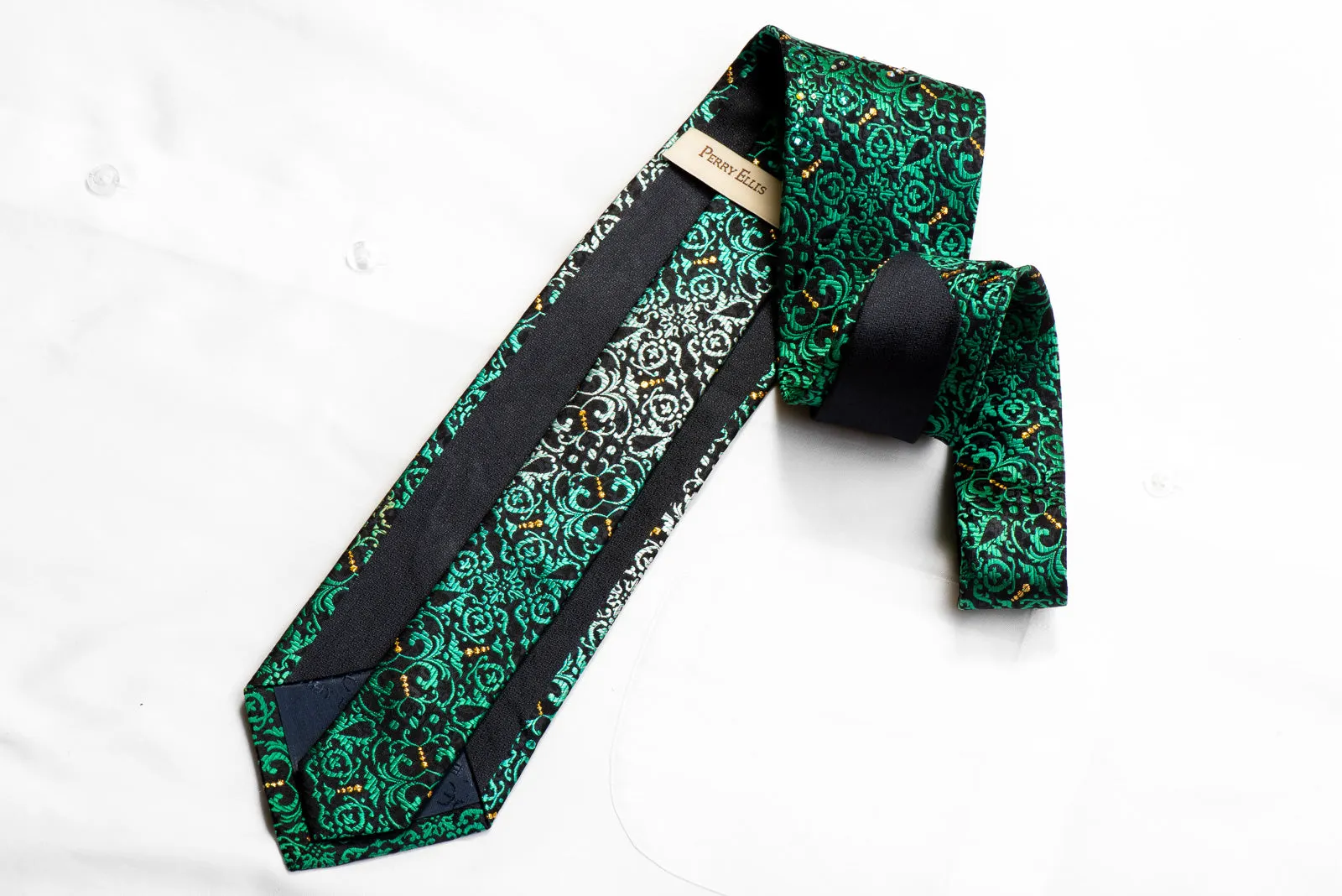 Perry Ellis Rhinestone Silk Tie Teal Acanthus On Black With Gold Sparkles