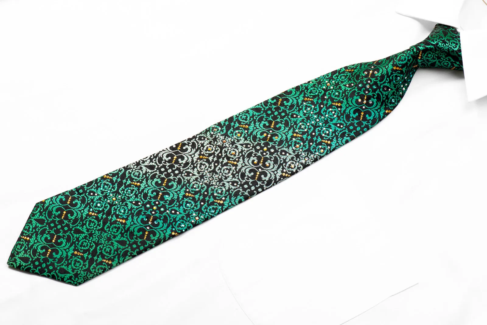 Perry Ellis Rhinestone Silk Tie Teal Acanthus On Black With Gold Sparkles