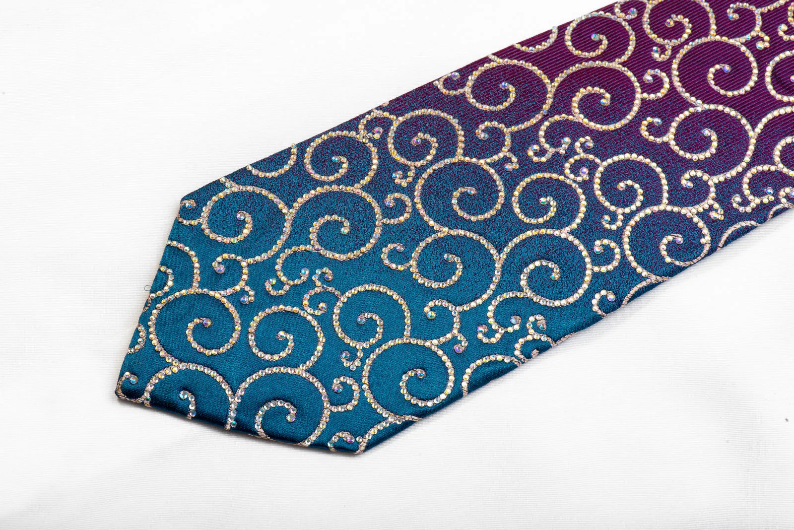 Renoma Crystal Rhinestone Silk Necktie Scrolls On Purple Teal With Sparkles