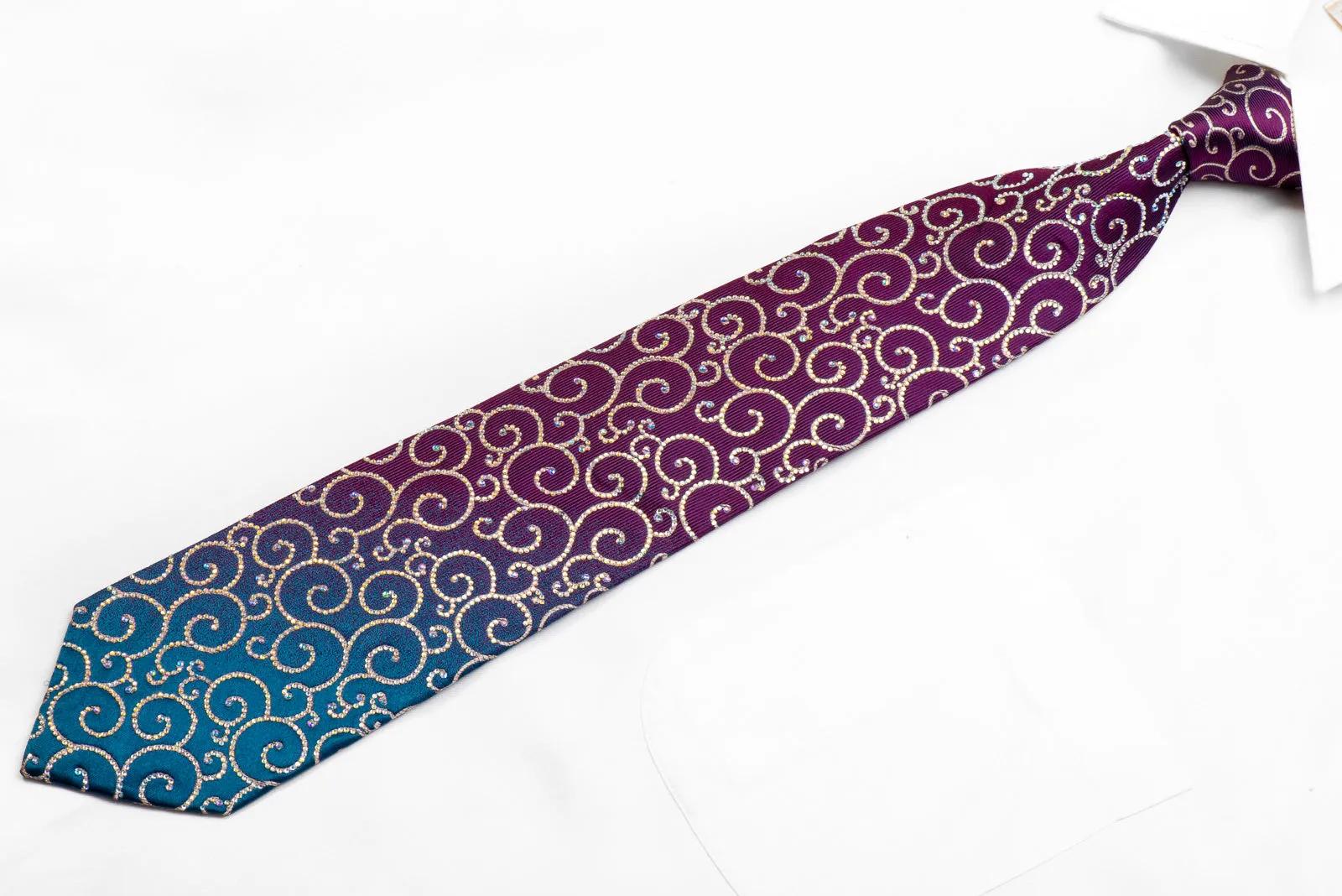 Renoma Crystal Rhinestone Silk Necktie Scrolls On Purple Teal With Sparkles