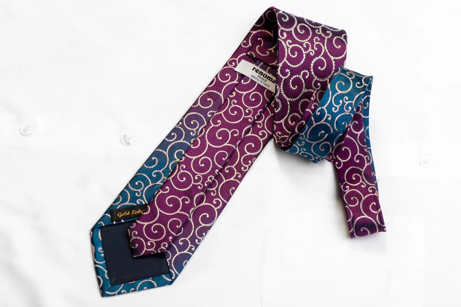 Renoma Crystal Rhinestone Silk Necktie Scrolls On Purple Teal With Sparkles