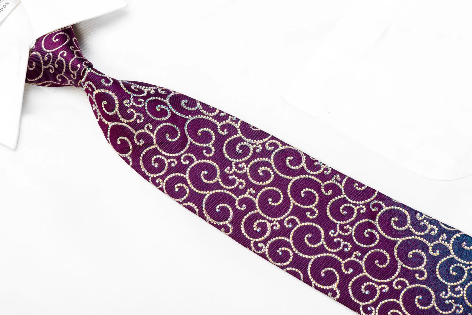 Renoma Crystal Rhinestone Silk Necktie Scrolls On Purple Teal With Sparkles