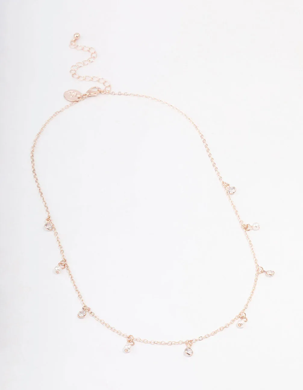 Rose Gold Diamante & Pearl Drop Station Necklace