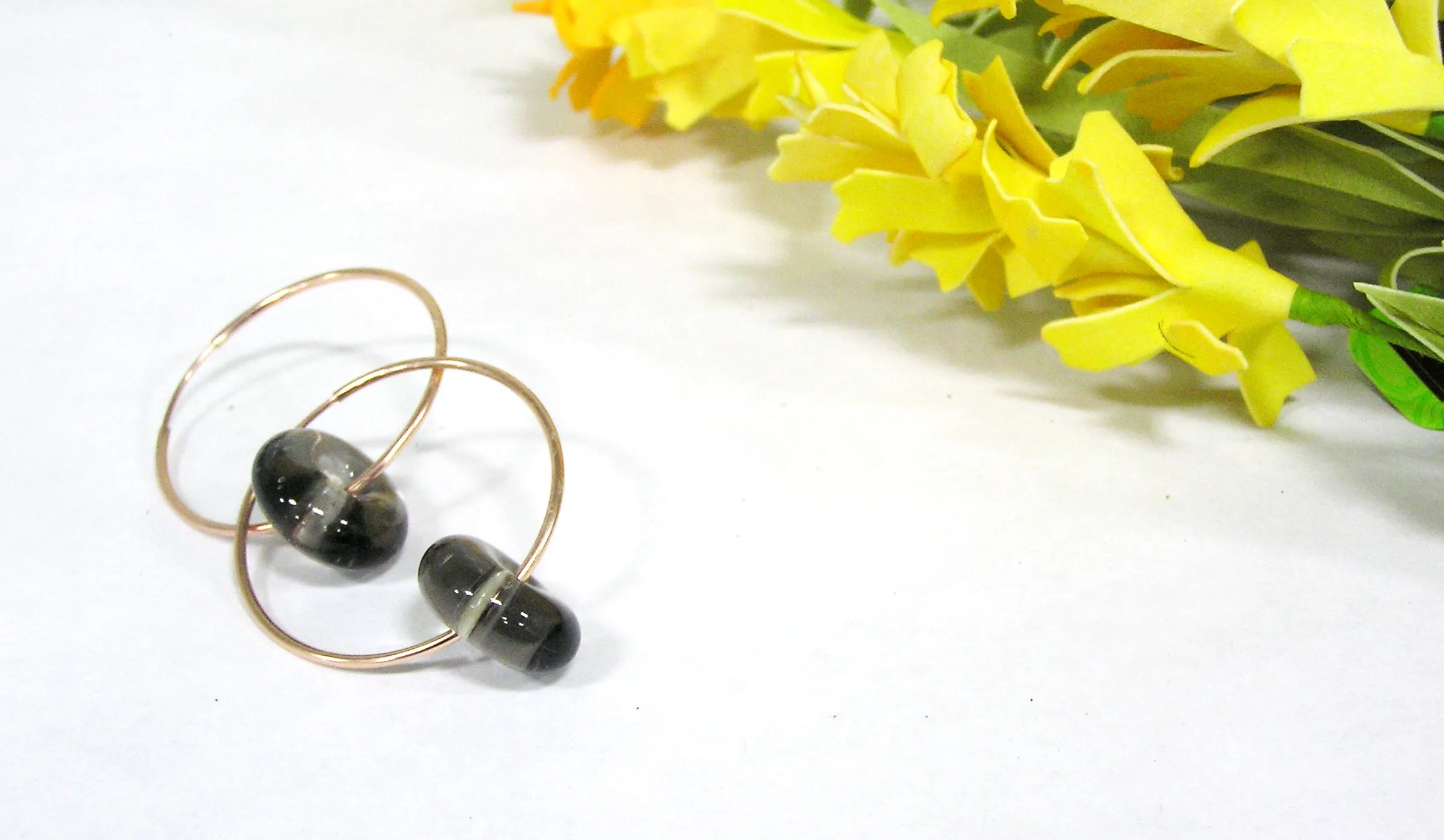 Smoky Quartz Gray Beaded Rose Gold Hoops