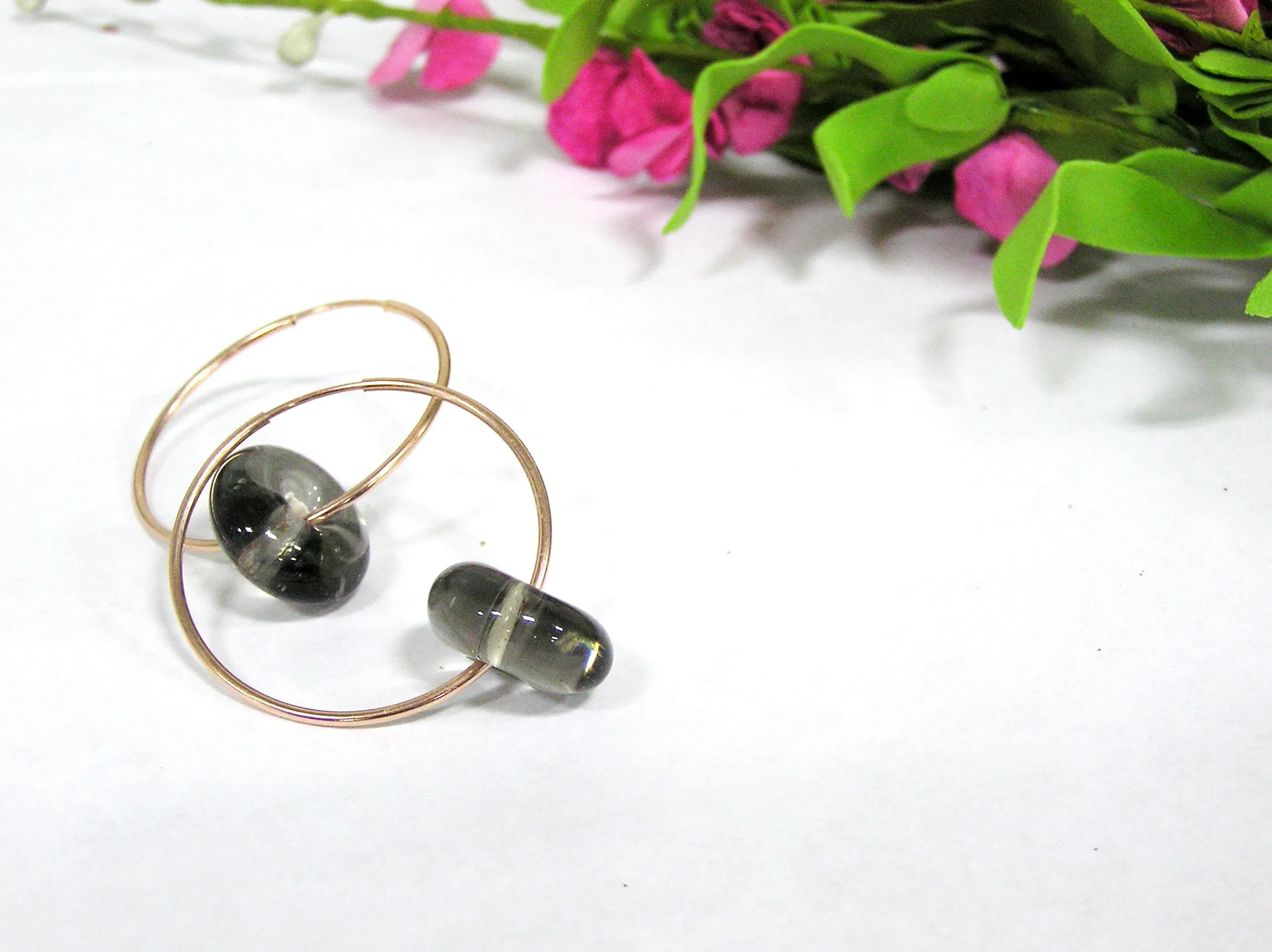 Smoky Quartz Gray Beaded Rose Gold Hoops