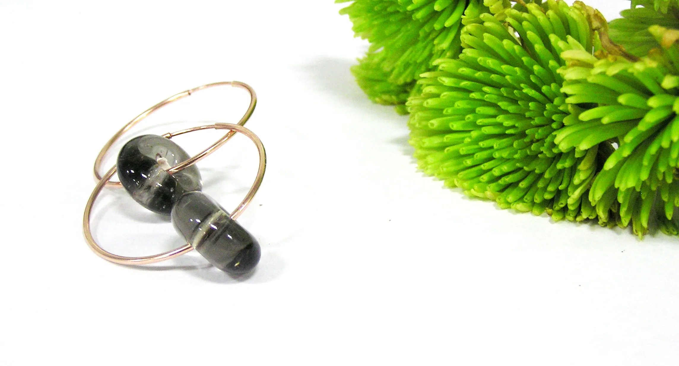 Smoky Quartz Gray Beaded Rose Gold Hoops