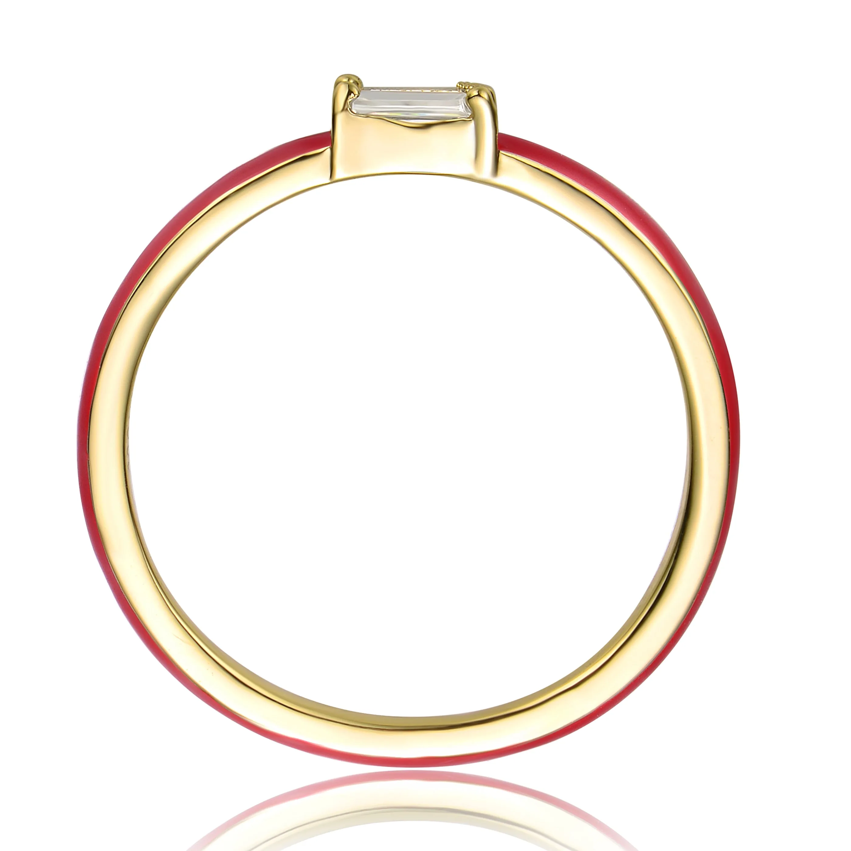 Sterling Silver 14k Yellow Gold Plated with Cubic Zirconia Baguette Solitaire Magenta-Red Enamel Slim Stacking Ring