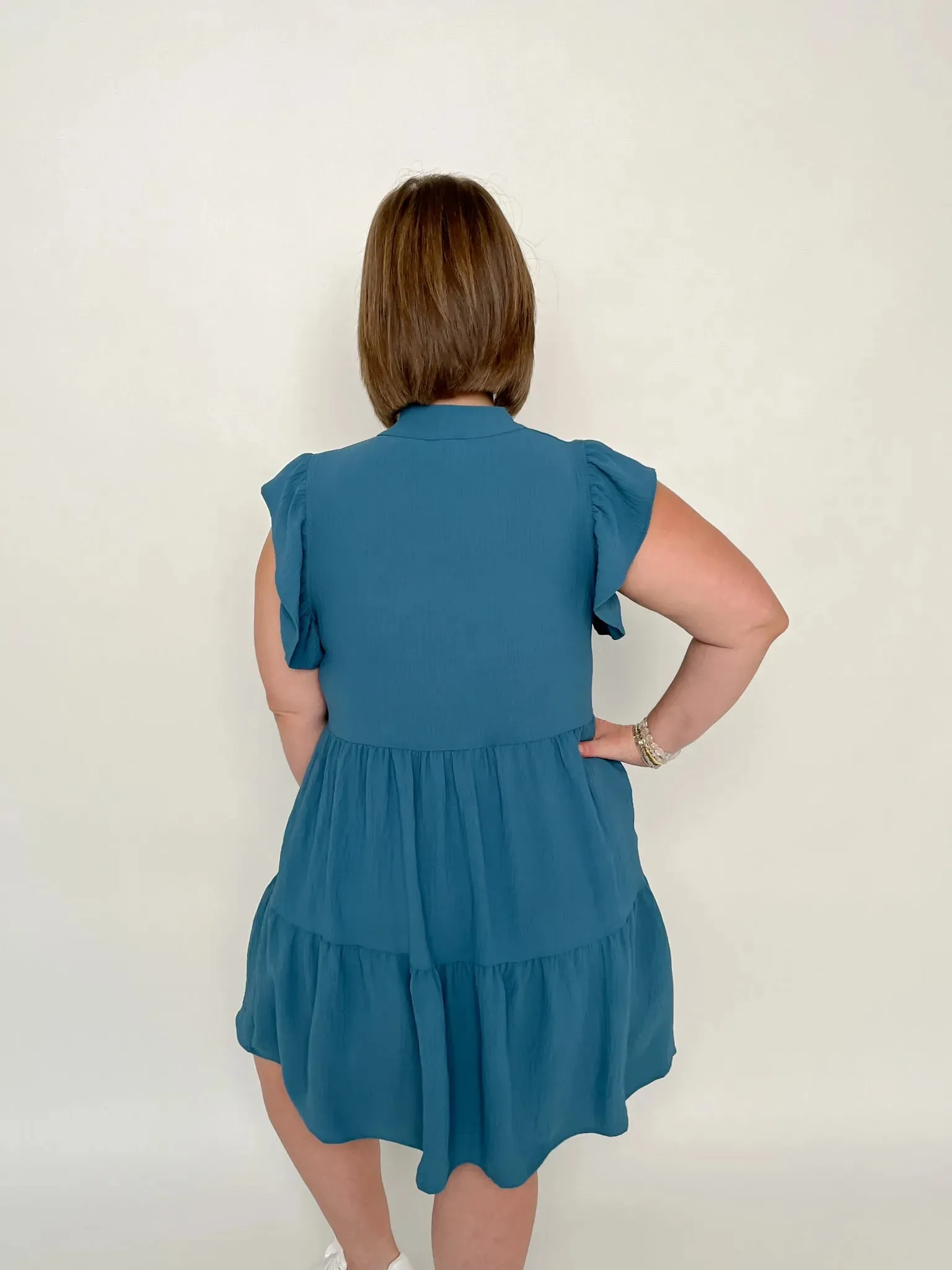 Teal Ruffle Sleeve Tiered Dress