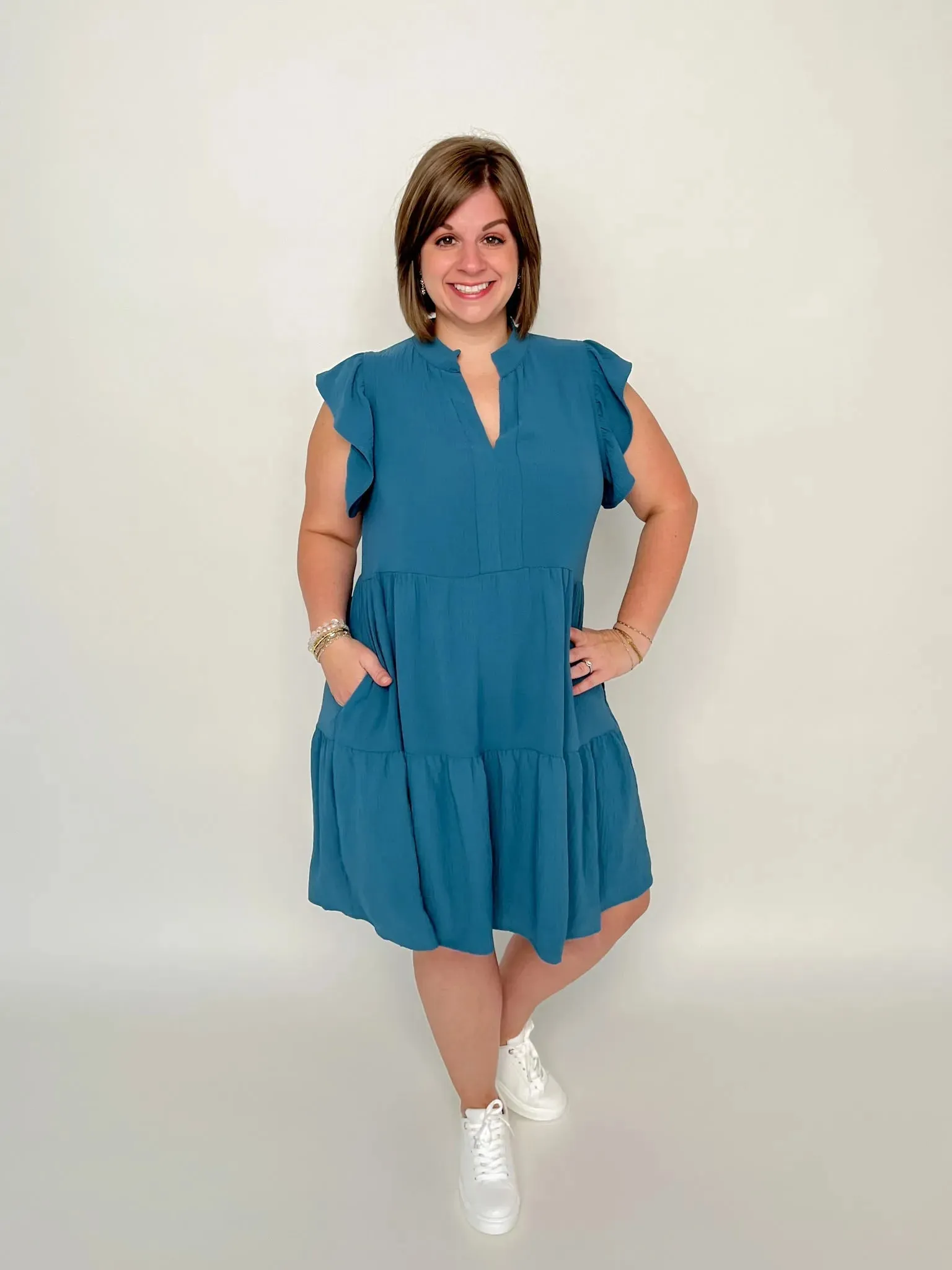 Teal Ruffle Sleeve Tiered Dress